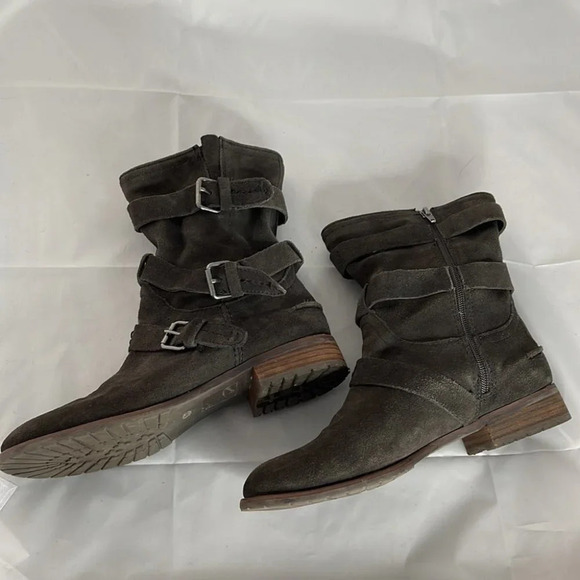 DOLCE VITA Suede Moto Boots Grey Leather Buckle Strap Zip Low Heel Grunge 9.5 - Picture 7 of 13